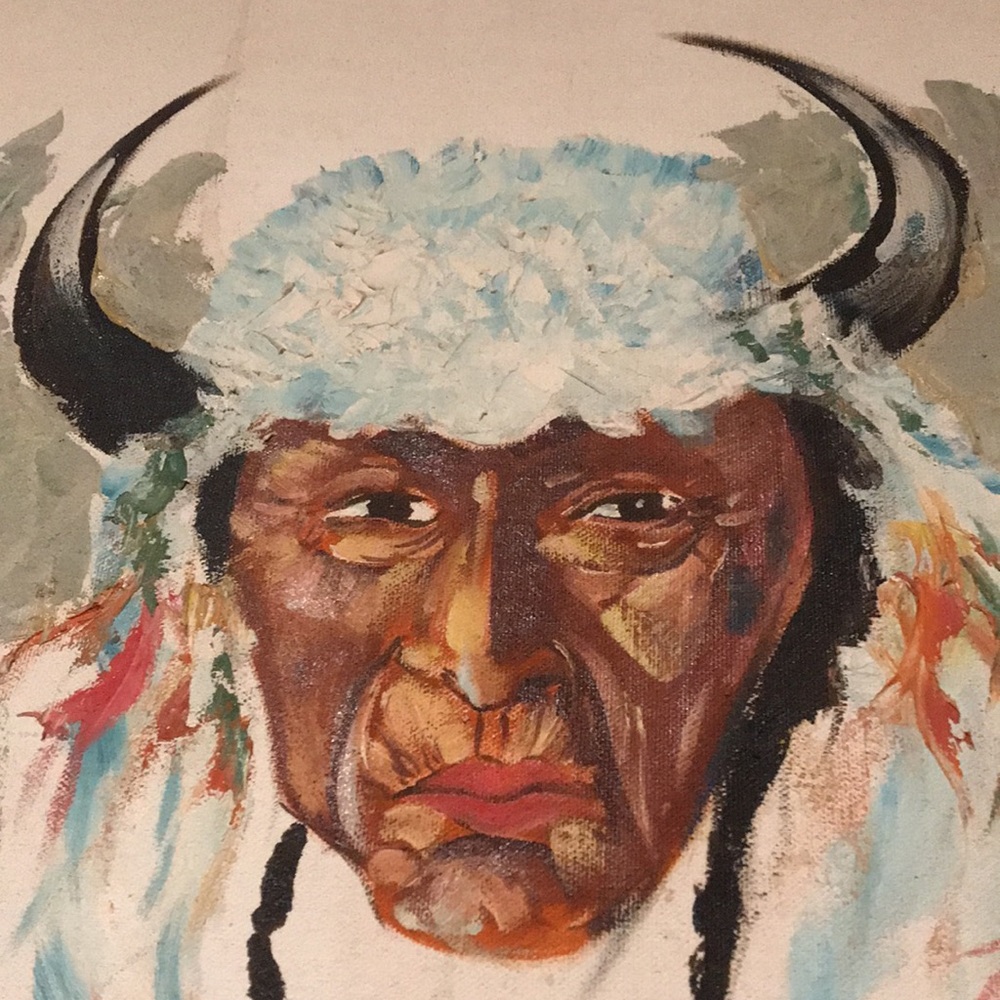 Oil Painting Native American Buffalo Headdress